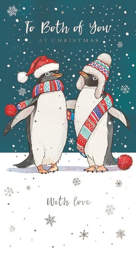 Spread double the festive cheer this Christmas with our adorable 'To Both Of You' card! Featuring two charming penguins, snuggled up in their winter hats and scarves amidst a gentle snowfall, this card is perfect for sending warm wishes to a special couple or family. The delightful watercolour illustration and heartfelt message 'To Both of You AT CHRISTMAS' make it a truly heartwarming choice for the festive season. Each card is beautifully crafted, ensuring a quality feel your customers will love. Available in a convenient pack of 6, these cards from Ling are a must-have for your Christmas collection. Share the love this holiday!