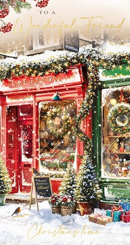 Bring the magic of a snowy Christmas high street to your customers with Ling's 'Friend' Christmas card. This enchanting design features beautifully decorated shopfronts, adorned with festive garlands, twinkling lights, and a generous dusting of snow. A charming robin perches nearby, adding a touch of winter wonder to the scene.
Inside, a heartfelt message awaits a 'wonderful friend'. Perfect for spreading joy and warmth this festive season, this delightful card captures the spirit of Christmas time. Available in a convenient 1x6 pack, it's an ideal choice for retailers looking to offer truly special greetings. Help your customers share a little bit of Christmas magic with their wonderful friends.