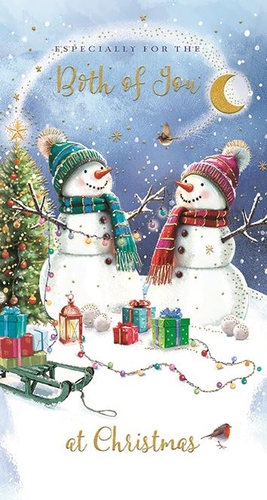 Share the magic of the season with this enchanting 'To Both Of You' Christmas card from Ling. This delightful design features two adorable snowmen, warmly dressed in colourful hats and scarves, gazing at each other amidst a festive wonderland. Twinkling lights, beautifully wrapped gifts, and a decorated Christmas tree complete the charming scene, all under a starry, moonlit sky. The elegant gold script wishes "Especially for the Both of You at Christmas," making it the perfect choice for couples. Each wholesale pack contains 6 of these lovely cards, ready to spread joy and warmth this holiday season.