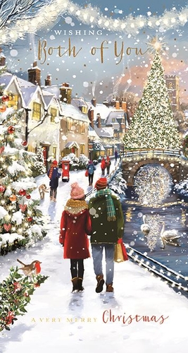 Presenting the "To Both Of You" Christmas card from Ling, a truly heartwarming design perfect for couples. This beautiful card transports you to a serene, snow-covered village, where a festive atmosphere abounds. A loving couple walks hand-in-hand amidst twinkling Christmas trees, charming cottages, and gentle falling snow. The scene is completed with elegant swans on the water and a cheerful robin, all bathed in the glow of festive lights. It's an ideal choice for conveying heartfelt seasonal greetings. Supplied in a convenient pack of 6, this card is sure to be a popular pick for your customers this Christmas.