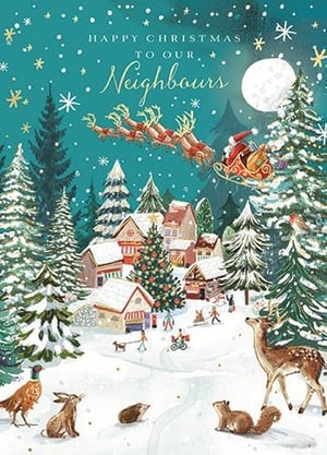 Celebrate the festive season with our delightful 'Neighbours' Christmas card, brought to you by Ling. This charming design beautifully captures the magic of a snowy Christmas Eve. Above a bustling, snow-covered village, Santa and his reindeer soar through the moonlit sky, delivering festive cheer. Below, a vibrant community enjoys the winter wonderland, while adorable woodland creatures like deer, squirrels, and hedgehogs gather in the foreground.
With its warm 'Happy Christmas to our Neighbours' message, this card is perfect for spreading seasonal joy to those nearby. Its traditional yet enchanting artwork makes it a wonderful choice for customers seeking a heartfelt and community-focused greeting. Available in a convenient pack of 6.