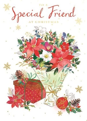 Help your customers celebrate their 'Special Friend' this Christmas with this beautifully illustrated card from Ling. Featuring a delightful watercolour design, it showcases a vibrant bouquet of festive blooms, including classic poinsettias, holly, and berries, artfully arranged with a charming gift box and a sparkling bauble. Delicate gold snowflakes and dots add a touch of seasonal magic.
This 'Friend Female' card offers a warm and heartfelt message, making it the perfect choice for showing appreciation. Supplied in a convenient 1x6 pack, it's an ideal addition to your festive card range.