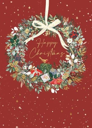 Bring festive cheer to your customers with this exquisite 'Happy Christmas' wreath card from Ling. This stunning design features a beautifully illustrated Christmas wreath, bursting with lush green foliage, golden accents, delicate white flowers, and charming red berries. Adorned with tiny festive presents and a sweet robin, it's a truly heartwarming scene. The elegant cream ribbon and sparkling red background add a touch of luxury, making it perfect for sending season's greetings. Supplied in a convenient pack of 6, these cards are ideal for retailers looking to offer high-quality, traditional yet stylish Christmas cards. A delightful choice for any festive display!