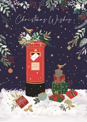 Invite your customers to share the magic of the season with our enchanting Christmas Wishes Post Box Card. This exquisite design features a classic red pillar box, beautifully adorned with lush festive foliage, berries, and a delicate white flower, all topped by a cheerful robin. An envelope peeks from the 'Special Delivery' slot, hinting at heartfelt messages within.

The scene is completed with a scattering of wonderfully wrapped gifts in rich reds and greens, nestled in a blanket of snow, under a starry, deep blue sky. Elegant 'Christmas Wishes' script crowns this charming illustration. Supplied by Ling, these high-quality cards come in a convenient pack of 6, making them an ideal choice for retailers looking to offer a traditional yet stylish option for their customers' festive greetings. A truly captivating card that evokes warmth and holiday spirit.