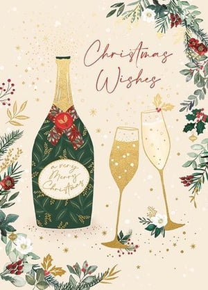 Celebrate the season in style with our 'Open' Christmas card, a truly elegant design from Ling. This beautiful card features a festive champagne bottle, adorned with a rich green pattern and a classic red bow, alongside two sparkling flutes ready for a toast. Golden accents and delicate bubbles add a touch of luxury, while traditional Christmas foliage and berries frame the scene. The heartfelt message 'Christmas Wishes' is beautifully scripted, with 'a very Merry Christmas' gracing the bottle label. Perfect for sending warm greetings to anyone this holiday, these cards come in a convenient pack of 6. A delightful choice for spreading festive cheer!