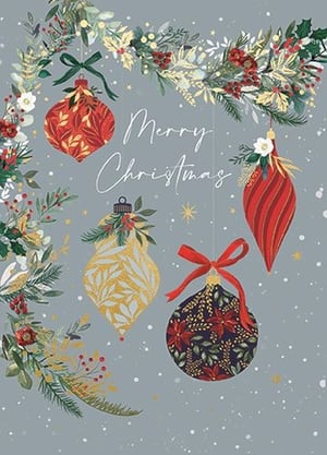 Bring festive cheer to your customers with this stunning 'Merry Christmas' card from Ling. Featuring an elegant watercolour design, this card showcases a beautiful festive garland adorned with richly patterned baubles in classic Christmas colours of red, gold, and deep blue. The delicate script 'Merry Christmas' adds a touch of sophistication, while the subtle snowy background enhances the seasonal charm. Perfect for sending warm wishes, this 'Open' card is sure to delight. Available in a convenient pack size of 1x6, it's an ideal addition to your seasonal greeting card collection.