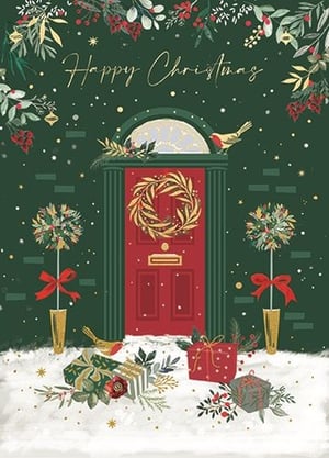 Welcome the festive season with our charming 'Open' Christmas card design. This enchanting illustration features a beautifully adorned red front door, complete with a shimmering golden wreath, inviting warmth and cheer. Robins perch gracefully amidst a gentle snowfall, while an array of thoughtfully wrapped presents nestle on the snowy ground. Lush green foliage and bright red berries frame the scene, all beneath a golden 'Happy Christmas' message. Perfect for sending heartfelt wishes, this delightful card captures the true spirit of the holidays. Available in packs of six, these cards from Ling are ready to spread joy to all.