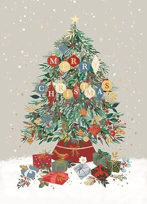Product: Open

Bring festive cheer to your customers with this enchanting Christmas card from Ling. Featuring a beautifully illustrated Christmas tree, adorned with charming baubles that spell out 'MERRY CHRISTMAS', this design truly captures the spirit of the season. A delightful array of wrapped gifts nestles at the tree's base, all set against a gentle, snowy backdrop. The intricate details and warm, traditional colours make this card a wonderful choice for sending heartfelt greetings. Each pack contains 6 high-quality cards (1x6), perfect for retail display. Help your customers share the magic this Christmas.