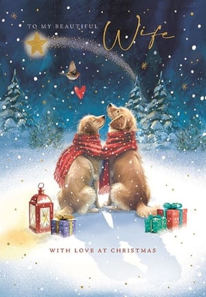 Celebrate the magic of Christmas for your beautiful wife with this delightful card from Ling. This heartwarming design features two charming golden retrievers, lovingly snuggled together in a snowy festive scene, adorned with a cosy red scarf. Above them, a twinkling star and a sweet bird carrying a heart add a touch of romance, while festive presents and a glowing lantern complete the enchanting winter wonderland. With the tender message 'TO MY BEAUTIFUL Wife' and 'WITH LOVE AT CHRISTMAS', this card is the perfect way to express your deepest affection during the holiday season. Available in a convenient pack of 6, ensuring you're ready for the festive rush.