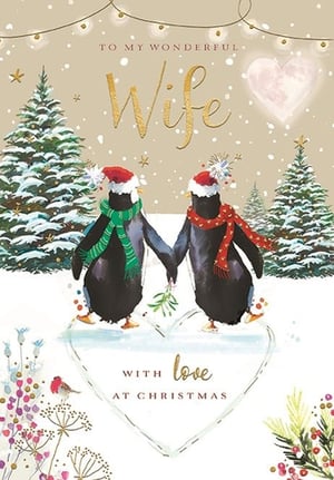 Show your wonderful wife just how much she means to you this Christmas with this enchanting card from Ling. Adorned with two adorable penguins, hand-in-hand and dressed in festive Santa hats and scarves, they share a tender moment under the mistletoe. This beautiful design captures the magic of the season, set against a snowy backdrop of twinkling lights and frosted trees. With a delicate heart in the sky and a charming robin, it's a truly romantic way to send your love. A heartfelt message of 'love at Christmas' makes this the perfect card for your wonderful wife.
