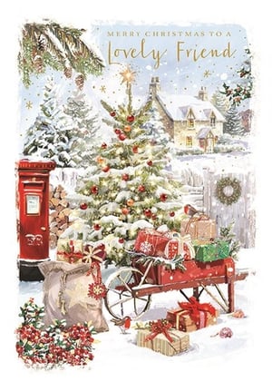 Send warm wishes to a special friend this Christmas with this enchanting card from Ling. This delightful design captures a picturesque snowy village scene, complete with a beautifully decorated Christmas tree twinkling with lights and baubles. A cosy cottage nestles in the background, while a traditional red post box and festive wheelbarrow brimming with gifts add to the charm. Cheerful robins and scattered holly berries complete this heartwarming winter wonderland. Perfect for conveying the magic of the season, this 'Friend' card is sure to bring a smile. Available in a convenient pack of 6, it's an ideal choice for your festive card selection.