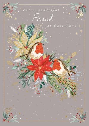 Bring festive cheer to your customers' friends with this delightful Christmas card from Ling. Adorned with two charming robins, a classic symbol of the season, perched amongst a beautiful arrangement of red poinsettias, golden foliage, and winter berries. The elegant grey background is subtly enhanced with sparkling gold accents and a heartfelt message: 'For a wonderful Friend at Christmas'. This card offers a warm and thoughtful way to connect during the holidays. Available in a convenient pack of 6, it's perfect for retail display and sure to be a popular choice for spreading seasonal joy.