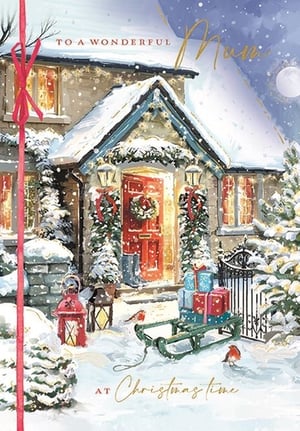 Send warm wishes to a wonderful Mum this Christmas with this enchanting card from Ling. This beautifully illustrated design captures the heartwarming spirit of the season, featuring a cosy snow-covered cottage glowing with festive cheer. Twinkling lights, lush green garlands, and a vibrant red door adorned with a wreath create an inviting scene.

Outside, a charming sleigh piled high with presents, friendly robins, and glowing lanterns add to the idyllic winter wonderland. The elegant message "TO A WONDERFUL Mum AT Christmas time" makes it the perfect way to show appreciation. Stock up on this delightful design, available in a convenient pack of 6, to ensure your customers can share the magic of the season.