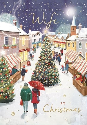 Delight your customers with this beautiful Christmas card, 'Wife', from Ling. This enchanting design captures the true spirit of the season, featuring a charming snowy village scene bustling with festive cheer. A magnificent, twinkling Christmas tree takes centre stage, surrounded by market stalls and happy shoppers. The warm glow of lights and falling snow create a truly magical atmosphere, perfect for expressing love to a cherished wife. Stock up on this heartwarming card, supplied in a convenient pack of 6, and help your customers share their heartfelt wishes this Christmas.