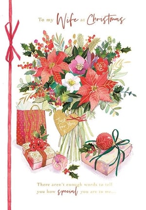 Show your wonderful wife just how much she means to you this Christmas with this exquisite card from Ling. Featuring a stunning watercolour illustration, the design captures the festive spirit with a beautiful bouquet of poinsettias, holly, and berries, alongside charming Christmas gifts and baubles.

The heartfelt message on the front reads, 'To my Wife at Christmas' and inside, 'There aren't enough words to tell you how special you are to me...' making it the perfect way to express your love. The elegant red ribbon detail adds a touch of classic Christmas charm.

This beautiful card is supplied in a convenient pack of 6, ideal for retailers looking to offer a truly special Christmas greeting for wives.