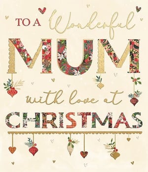 Send your Mum the warmest wishes this Christmas with this beautiful card from Ling. Featuring a delightful festive design, the card reads 'To A Wonderful Mum with love at Christmas'.

The prominent 'MUM' and 'CHRISTMAS' lettering are adorned with charming floral and foliage patterns in traditional reds and greens, highlighted with elegant gold outlines. Delicate hanging ornaments and scattered hearts add a touch of sparkle, creating a truly special feel.

This lovely card is perfect for showing your Mum how much she means to you during the festive season. Each pack contains 6 identical cards, ready to bring joy to your customers.