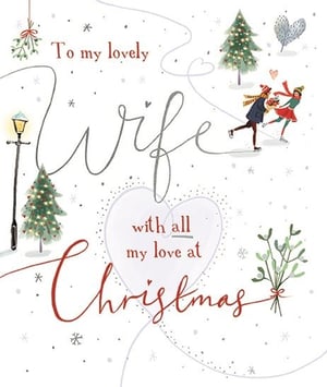 Celebrate the special bond with our 'Wife' Christmas card from Ling. This beautiful card features a heartwarming scene of ice skaters under a festive lamppost and twinkling Christmas trees, surrounded by delicate snowflakes and mistletoe. The loving message "To my lovely Wife, with all my love at Christmas" is beautifully scripted, making it a wonderful way to express affection. The charming design, complete with subtle hearts, evokes a truly romantic and festive spirit. Stock up on this popular design, available in a convenient pack of 6, and help your customers share their love this holiday season.