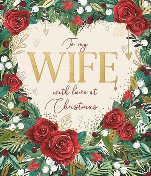 Offer your customers a truly special way to express their love this Christmas with the 'Wife' card from Ling. This exquisite design features a beautiful heart-shaped wreath, brimming with lush green foliage, classic red roses, and festive white and deep red berries. Glistening gold accents add a touch of luxury, perfectly complementing the heartfelt message: "To my WIFE with love at Christmas." The word "WIFE" shines brightly in elegant gold, making this card a standout choice for celebrating a cherished partner. Available in a convenient pack of 1x6, these cards are ready to become a beloved part of your festive collection. Help your customers make this Christmas unforgettable with this wonderfully romantic card.