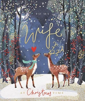 Present a truly special Christmas card to a cherished wife with this delightful design from Ling. Illustrated with a serene winter forest, two deer share a tender moment under a gently falling snow. The scene is enhanced with charming festive foliage and subtle sparkling accents. The elegant 'Wife' script and heartfelt 'At Christmas Time' message convey warmth and affection. This beautiful card is perfect for expressing love during the festive season. Available in a convenient pack of 6, it's an ideal choice for your Christmas card selection.