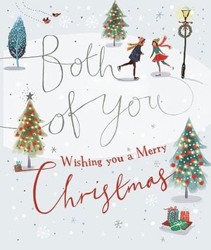 Offer your customers a truly heartwarming choice this festive season with Ling's 'To Both Of You' Christmas card. This enchanting design captures the joy of winter, featuring two cheerful figures ice skating amidst a picturesque snowy landscape. Twinkling Christmas trees, delicate snowflakes, and a charming lamppost create a magical backdrop. The beautifully scripted message, "Both of you Wishing you a Merry Christmas," makes it the perfect card for sending warm wishes to couples, friends, or family. With delightful details like festive presents and flying birds, this card embodies the spirit of the holidays. Available in a convenient pack of 6, it's an essential addition to your seasonal stock.