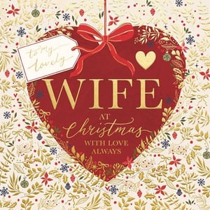 Make this Christmas extra special for your customers' wives with this exquisite card from Ling. Featuring a stunning red heart design, adorned with elegant gold lettering that reads "WIFE at Christmas WITH LOVE ALWAYS," it's a truly heartfelt choice. A charming "to my lovely" tag adds a personal touch, all set against a beautiful backdrop of festive gold foliage, berries, and snowflakes. This high-quality card is perfect for expressing deep affection during the holiday season. Supplied in a convenient pack of 6, it’s an essential addition to your festive card range, promising to bring joy and warmth.