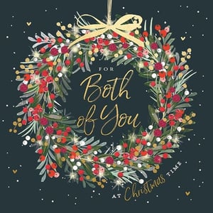 Spread festive cheer to couples this Christmas with our beautiful 'To Both Of You' card. This charming design features a lush, traditional Christmas wreath, richly adorned with vibrant red berries, delicate white accents, and sparkling golden details, all tied with an elegant golden bow. The deep, dark background makes the festive elements truly pop, creating a warm and inviting feel.
The heartfelt message 'For Both of You at Christmas Time' is elegantly scripted in shimmering gold, making it the perfect choice for sending warm wishes to a special pair. Crafted with care by Ling, these cards are sure to be a popular pick for your customers seeking a thoughtful and attractive option. Available in a convenient pack size of 1x6, ensuring you're well-stocked for the holiday season.