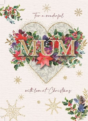 Help your customers celebrate their wonderful Mums this Christmas with this exquisite card from Ling. Adorned with a lavish heart design, it bursts with a beautiful array of festive botanicals, including rich holly berries, vibrant poinsettias, and elegant winter greenery. The central 'MUM' message gleams in luxurious gold glitter, framed by a delicate gold outline and sparkling snowflakes that add a touch of magic. Complete with the heartfelt message 'For a wonderful Mum, with love at Christmas', this card is designed to convey warmth and affection. Supplied in a convenient pack of 6, it's a perfect choice for retailers looking to offer premium, visually stunning Christmas greetings.