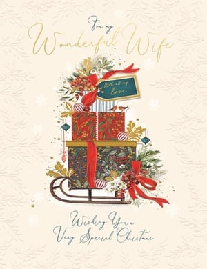 Show your wonderful wife just how much she means to you this Christmas with this enchanting card. Adorned with a delightful illustration of a sleigh piled high with beautifully wrapped gifts, it captures the magic of the season. Rich red ribbons, festive baubles, and elegant winter foliage create a truly charming scene, complete with tiny birds adding a touch of whimsy. The heartfelt message 'For my Wonderful Wife' in elegant gold script, alongside 'Wishing You a Very Special Christmas', makes this card a perfect way to convey your love. Its subtle embossed details and sparkling accents ensure it feels as special as she is. A beautiful choice to make her Christmas unforgettable.