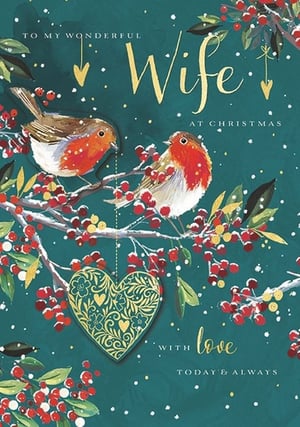 Celebrate your wonderful wife this Christmas with this enchanting card from Ling. Featuring two charming robins nestled amongst frosted red berries and lush green foliage, the design evokes a truly festive spirit. A delicate golden heart ornament adds a touch of elegance, complementing the heartfelt message: 'TO MY WONDERFUL Wife AT CHRISTMAS WITH love TODAY & ALWAYS'. This beautiful card is the perfect way to express enduring affection during the festive season. Supplied in a convenient pack of 6, it's an ideal addition to your Christmas card selection.