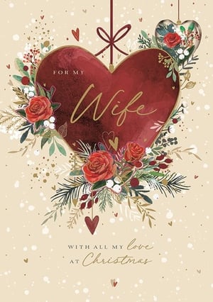 Show your customers how to express their deepest affection this festive season with our stunning 'Wife' Christmas card, proudly brought to you by Ling. This beautifully designed card features a prominent, rich red heart, elegantly adorned with a festive array of roses, winter berries, and lush green foliage. Delicate gold accents and a warm, speckled background complete the enchanting scene. The heartfelt message, 'FOR MY Wife WITH ALL MY love AT Christmas', is presented in charming script, making it the perfect choice for a loving spouse. Available in a convenient pack of 6, this exquisite card is an essential addition to your Christmas greeting card range.
