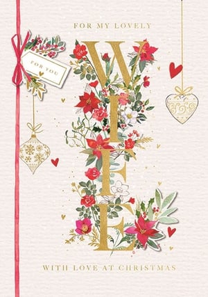 Help your customers celebrate their wives this Christmas with Ling's exquisite 'Wife' Christmas card. This stunning design features the word 'WIFE' in elegant gold lettering, beautifully adorned with a festive array of poinsettias, roses, and holly. Delicate red hearts, a charming 'FOR YOU' tag, and a decorative bauble add a touch of warmth and luxury.

With the loving message 'FOR MY LOVELY WIFE WITH LOVE AT CHRISTMAS', this card is designed to convey heartfelt affection. Stock up on this popular choice, available in a convenient pack of 6, perfect for your seasonal card selection.