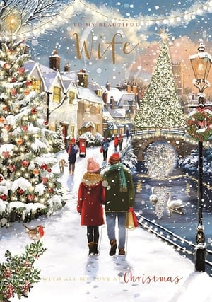 Send your love this Christmas with our enchanting 'Wife' Christmas card from Ling. This beautiful design captures the magic of a snowy festive evening, featuring a couple strolling hand-in-hand through a charming village adorned with twinkling lights and snow-laden trees. With a picturesque bridge, graceful swans, and a friendly robin, it evokes a truly romantic and cosy atmosphere. Perfect for expressing heartfelt affection, this card is printed with 'To My Beautiful Wife' and 'With All My Love At Christmas'. Available in a convenient pack of 6, it's an ideal choice for retailers looking to offer a truly special card for wives this holiday season.