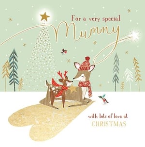 Show a very special Mummy just how much she's loved this Christmas with this heartwarming card from Ling. Adorned with an utterly charming illustration, it features a loving mother deer and her fawn, snuggled close in a magical, snowy forest. Dressed in festive scarves and a cosy bobble hat, they share a tender moment, casting a beautiful golden heart shadow. Delicate golden details, sparkling snow, and a sweet robin add to the enchantment. This card is a truly special way to send festive wishes. Available in a convenient pack of 6.
