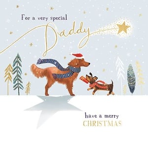 Make Daddy's Christmas extra special with this charming card! Featuring two adorable dogs, one in a festive Santa hat and cosy blue scarf, while the smaller pup eagerly carries a beautifully wrapped gift. This heartwarming scene unfolds against a serene snowy backdrop, complete with sparkling gold stars and delicate snowflakes.

The elegant gold foil lettering highlights the loving message, 'For a very special Daddy', making it a wonderful choice to show appreciation. Finished with 'have a merry CHRISTMAS', this card is sure to bring a smile to any Dad's face this festive season.