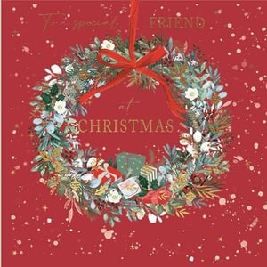 Send warm festive wishes to a cherished friend this Christmas with this exquisite card. Featuring a beautifully illustrated wreath, adorned with lush green foliage, delicate white flowers, and sparkling gold accents, it captures the true spirit of the season. A vibrant red ribbon and charming gift details nestled within the wreath add an extra touch of joy. The heartfelt message 'To a special FRIEND at CHRISTMAS' makes it perfect for that special female friend. Stock up on these delightful cards, available in convenient packs of 6, to ensure your customers can share their love and festive cheer.