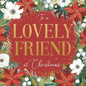 Share festive cheer with this beautiful 'To a LOVELY FRIEND at Christmas' card from Ling. This delightful design features a rich red background, adorned with classic Christmas foliage including vibrant poinsettias, delicate white flowers, and lush green leaves. The golden, eye-catching text adds a touch of luxury, making it the perfect way to send heartfelt wishes to a special female friend during the holiday season. Offer your customers a truly charming option for their Christmas greetings. Available in convenient packs of 6.