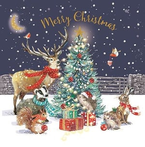 Bring festive cheer to your customers with this delightful 'Open' Christmas card from Ling. This enchanting design captures a magical winter wonderland, where a majestic deer, a playful badger, and a host of other charming woodland animals gather around a beautifully lit Christmas tree.

Adorned with sparkling lights and baubles, the tree stands tall as snow gently falls under a golden crescent moon. Each animal, from the cosy squirrel to the cheerful hedgehog, wears a festive scarf or hat, adding to the heartwarming appeal. Presents are nestled at the tree's base, completing this idyllic scene. Perfect for spreading joy this festive season, these captivating cards come in a convenient pack of 6. Your customers will adore sending this truly special Christmas greeting.