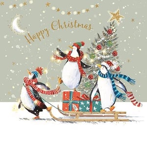 Spread festive cheer with this utterly charming Christmas card featuring three delightful penguins! These adorable characters are busy getting into the holiday spirit, decorating a twinkling Christmas tree with lights and baubles. One little helper is even pulling a sleigh laden with beautifully wrapped gifts.

Dressed in their cosy hats, scarves, and even festive socks, they exude warmth and joy against a sparkling, snowy backdrop. The "Happy Christmas" message adds the perfect touch to this heartwarming scene. This delightful design is sure to bring a smile to anyone's face this festive season.

From Ling, this 'Open' card is available in a convenient pack of 6, perfect for your seasonal stock.
