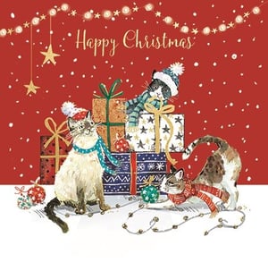 Bring a touch of festive feline fun to your customers' Christmas with this adorable 'Open' card from Ling. Featuring three charming cats, all dressed in their winter best, this card captures the playful spirit of the season.

One mischievous kitty perches atop a stack of beautifully wrapped presents, while another gazes out, ready for festive frolics. A third playful cat is caught mid-pounce, batting at a bauble and tangled in twinkling fairy lights. Against a vibrant red background adorned with falling snow and sparkling lights, the 'Happy Christmas' message shines bright.

Perfect for cat lovers and anyone who appreciates a heartwarming holiday scene. Each pack contains 6 delightful cards, ready to spread cheer.