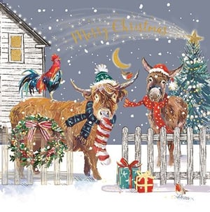 Bring festive cheer to your customers with this delightful 'Open' Christmas card from Ling. Featuring a heartwarming snowy scene, a fluffy Highland cow dons a bobble hat and two cosy scarves, while a friendly donkey sports a Santa hat and a red polka-dot scarf. A vibrant rooster perches on the cow, and cheerful robins add to the charm.

The whimsical farmyard is complete with a beautifully decorated Christmas tree, sparkling gifts, and a festive wreath, all under a starry, moonlit sky with "Merry Christmas" written in gold. Perfect for spreading joy this holiday season, this charming design is sure to be a favourite. Each wholesale pack contains 6 of these wonderful cards.