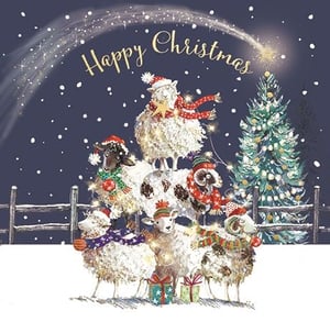 Spread festive cheer with this adorable 'Happy Christmas' card from Ling. This heartwarming design features a charming pyramid of woolly sheep, all decked out in their finest Santa hats and colourful scarves, complete with twinkling fairy lights. A beautifully decorated Christmas tree stands proudly in the snowy landscape, under a magical sky with a shooting star. With its delightful details and joyful "Happy Christmas" message, this open card is perfect for sending warm wishes to friends and family. Each wholesale pack contains 6 cards, ready to bring smiles this holiday season.