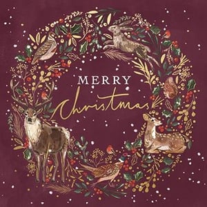 Offer your customers a touch of festive enchantment with this exquisite Christmas card from Ling. Adorned with a beautifully illustrated woodland wreath, this design showcases a majestic stag, playful hare, and charming birds nestled amongst holly, berries, and golden foliage. The rich burgundy backdrop provides a luxurious feel, with "MERRY Christmas" elegantly scripted at its heart. Perfect for spreading seasonal joy, these cards are supplied in a convenient pack of 6, ready for your retail display. A truly captivating design that embodies the magic of a traditional British Christmas.