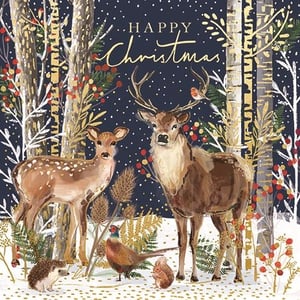 Bring the magic of Christmas to your customers with this enchanting card from Ling. Featuring a serene winter forest, this beautiful design showcases majestic deer, a charming robin, a pheasant, a hedgehog, and a tiny mouse, all nestled amongst snow-dusted trees and glittering golden foliage.

The rich navy background and sparkling white snow create a truly festive atmosphere, perfectly complemented by the elegant 'Happy Christmas' message. This 'Open' design is ideal for sending warm wishes to anyone this festive season. Stock up on these delightful cards, available in convenient packs of 6, and add a touch of woodland wonder to your Christmas collection.