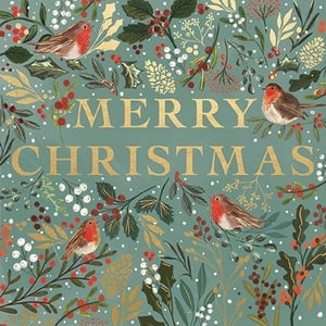 Bring festive cheer to your customers with this delightful Open Christmas card design from Ling. Featuring charming robins nestled amongst a beautiful array of traditional Christmas foliage, including holly, red berries, and frosted white berries, all set against a serene teal background. The elegant 'MERRY CHRISTMAS' message and intricate botanical details are beautifully enhanced with shimmering gold accents, adding a touch of luxury and warmth. This classic yet stylish design is perfect for spreading seasonal joy. Supplied in a convenient pack size of 1x6, these high-quality cards are sure to be a popular choice for your retail offering.