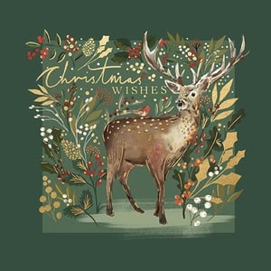 Introduce a touch of festive elegance to your store with this beautiful Christmas card from Ling. The design showcases a graceful deer with impressive antlers, set against a rich tapestry of winter foliage, including bright red berries, white accents, and golden leaves. A small, charming robin perches on the deer's back, adding a delightful detail. "Christmas Wishes" is elegantly scripted in gold, standing out against the deep forest green background. This card offers a sophisticated way for your customers to send their seasonal greetings. Supplied by Ling, each pack contains 6 cards (1x6), making it a convenient and attractive option for your holiday range. A popular choice for those seeking quality and classic festive charm.