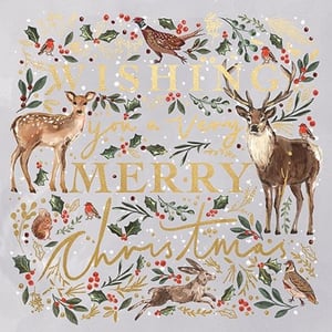 Bring the magic of a winter wonderland to your customers with this enchanting Christmas card from Ling. Featuring a delightful array of woodland creatures including a majestic stag, a gentle fawn, a playful hare, and cheerful robins, all nestled amongst traditional holly, berries, and golden foliage. The elegant gold lettering wishes "WISHING YOU A VERY MERRY CHRISTMAS", making it a truly heartwarming choice for the festive season. This open Christmas card is perfect for anyone who loves nature and classic holiday charm. Supplied in a convenient pack of 6, it's an ideal addition to your seasonal greeting card collection.