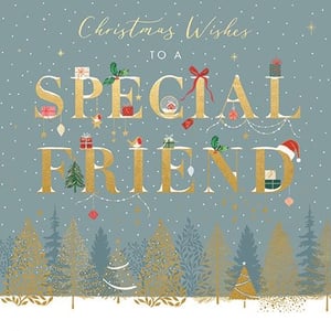 Help your customers send heartfelt Christmas Wishes to a truly Special Friend this festive season. This beautiful card features elegant gold lettering spelling out 'SPECIAL FRIEND', adorned with charming details like a tiny snow globe, festive holly, and delicate presents.
The serene blue-grey background is dusted with snow, complementing the enchanting winter forest scene below, complete with golden-hued trees. Designed specifically for a female friend, its sophisticated yet warm aesthetic makes it a perfect choice for spreading festive cheer. Stock up with our convenient pack of 6 cards, ensuring you have plenty of this delightful design for your discerning customers.