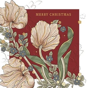 Send sophisticated festive cheer with this exquisite Christmas card from Ling. Featuring a stunning design of elegant cream-coloured tulips, complemented by delicate blue and yellow blossoms and lush green foliage, it's a truly beautiful way to convey your season's greetings. The rich red background, subtly detailed with embossed patterns, provides a luxurious backdrop for the classic 'Merry Christmas' message. Perfect for those who appreciate a touch of timeless artistry, this card offers a refined and heartfelt way to connect with friends and family. Each pack contains 6 cards, ready to share the joy of the season.