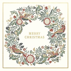 Elevate your Christmas card offering with this exquisite design from Ling. This stunning card features a beautifully intricate wreath, adorned with charming birds and lush floral motifs in a rich palette of greens, reds, and golden accents. The classic artistry, reminiscent of traditional patterns, is perfectly complemented by a delicate gold border and a heartfelt 'MERRY CHRISTMAS' message. Ideal for sending warm festive greetings, this card is sure to be a cherished choice. Each wholesale pack contains 6 identical cards, ready to bring joy to your customers this holiday season.