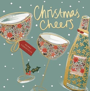 Raise a toast to festive cheer with this delightful Christmas card from Ling. Featuring elegant gold script that reads 'Christmas Cheers', the design showcases two beautifully patterned glasses and a matching champagne bottle, adorned with classic poinsettias and holly. A charming 'Merry Christmas' tag adds a special touch. The sophisticated teal background and delicate white 'snow' dots create a truly celebratory feel. Perfect for sending warm wishes to friends and family, this 'Open Female' card is sure to be a popular choice this season. Available in a convenient 1x6 pack, it's an essential addition to your Christmas card collection.